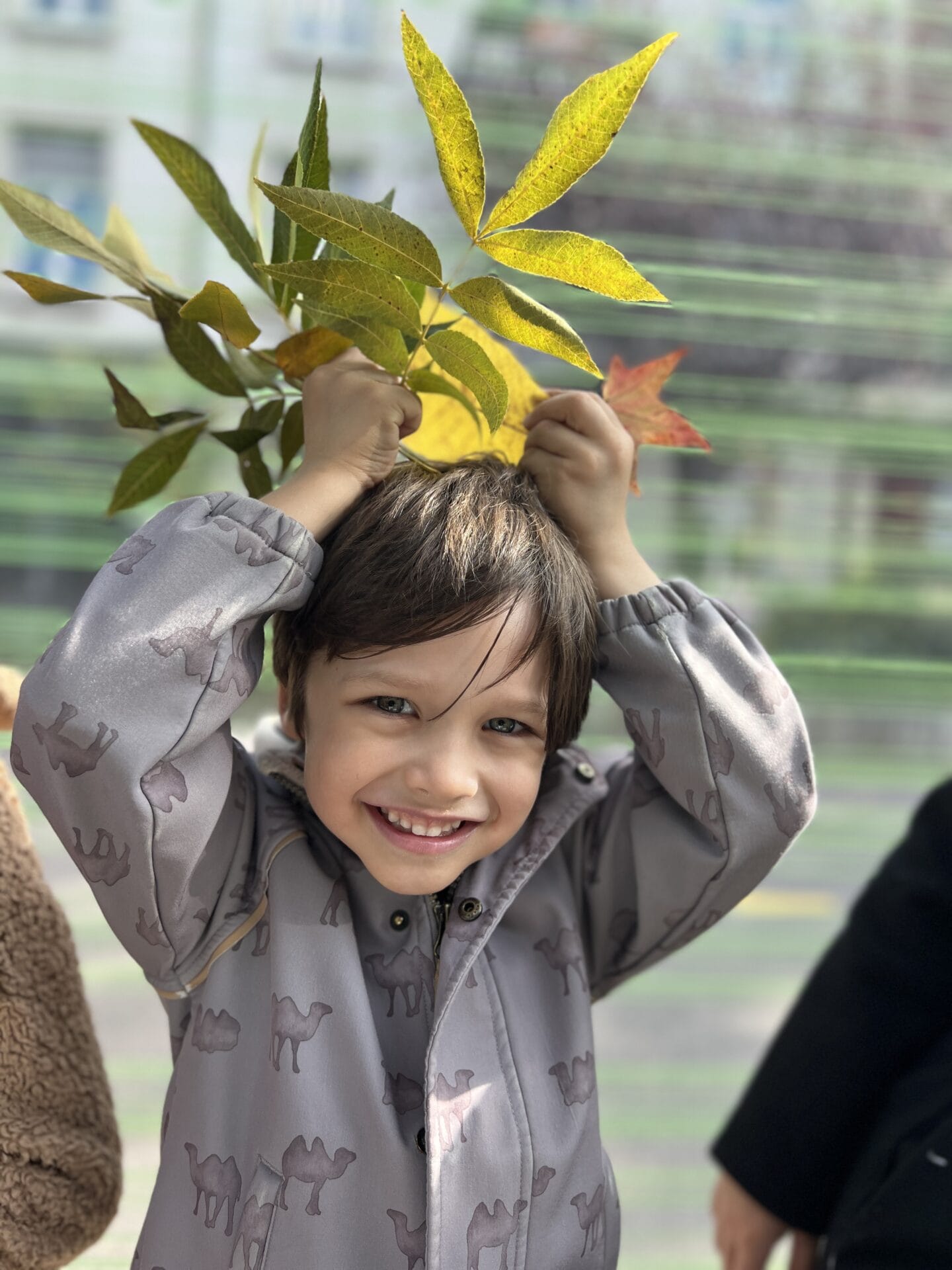 An autumn camper smiling beneath a handful of colourful leaves
